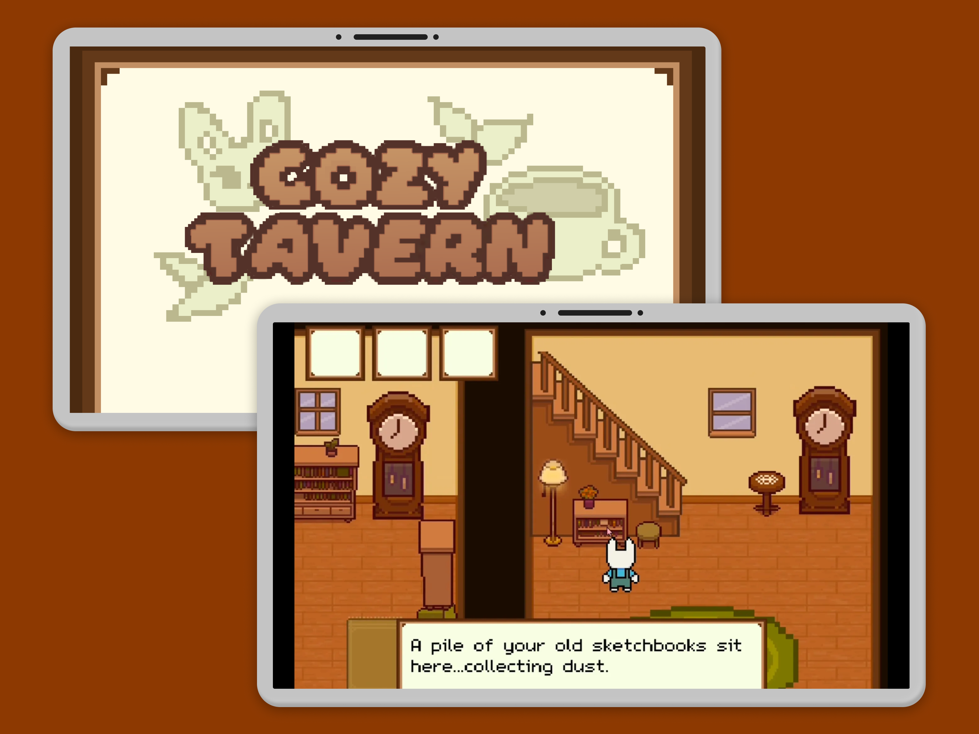 Two laptop mockup screens of my game Cozy Tavern.