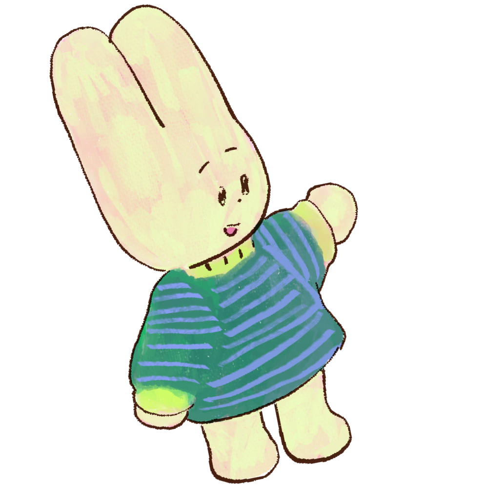 A doodle of a white bunny character with a blue and green striped shirt.